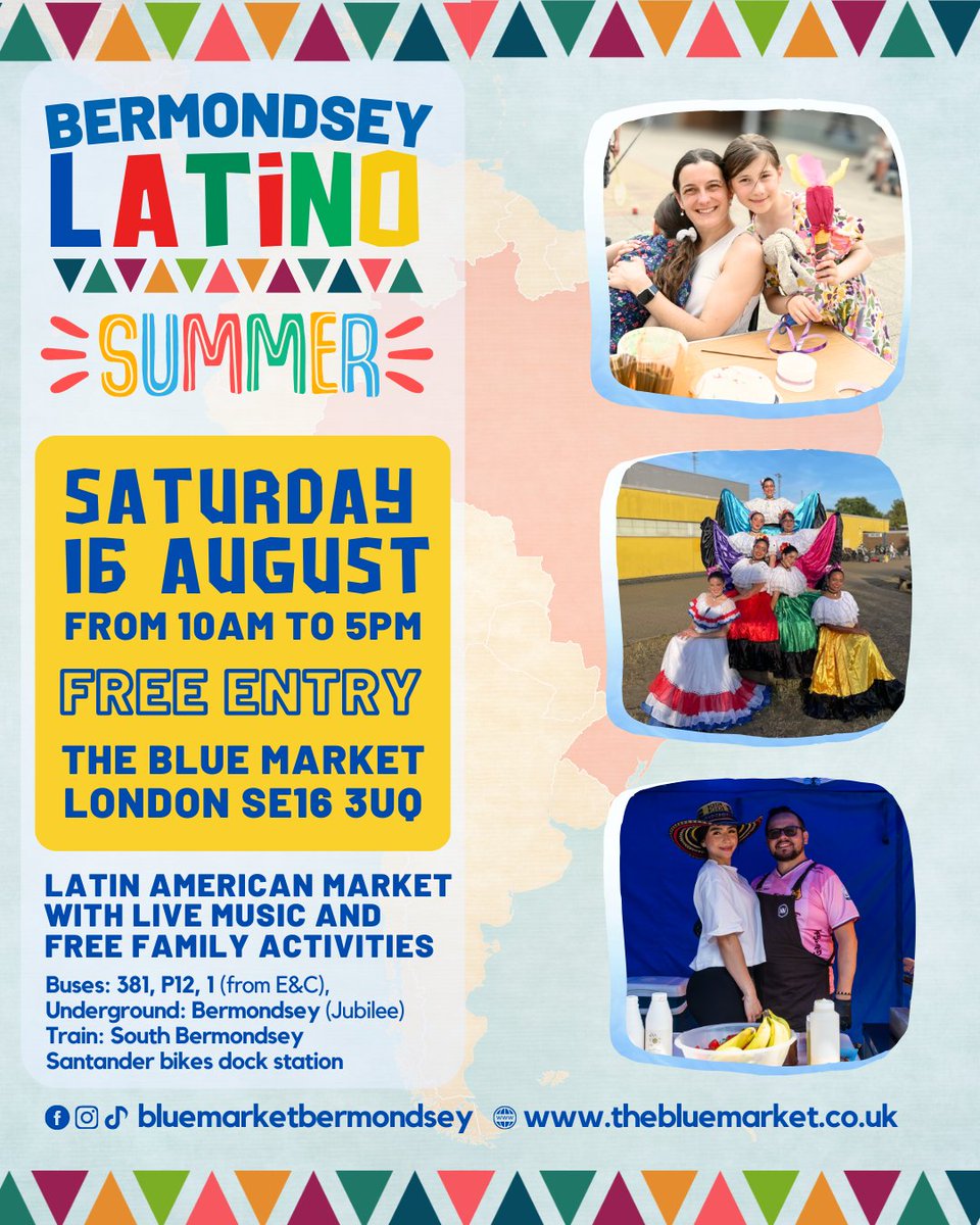 Sat 16 August from 10am to 5pm
Our last Bermondsey Latino Summer event is here!

Join us for 
🌮Street food
💃Costa Rican Dance Performance
🪅Family Piñata
🧵Crafts

FREE ENTRY

<a href="/TheBlueMarket/">The Blue Market, Bermondsey, London SE16 3UQ</a>, Bermondsey, London SE16 3UQ

thebluemarket.co.uk