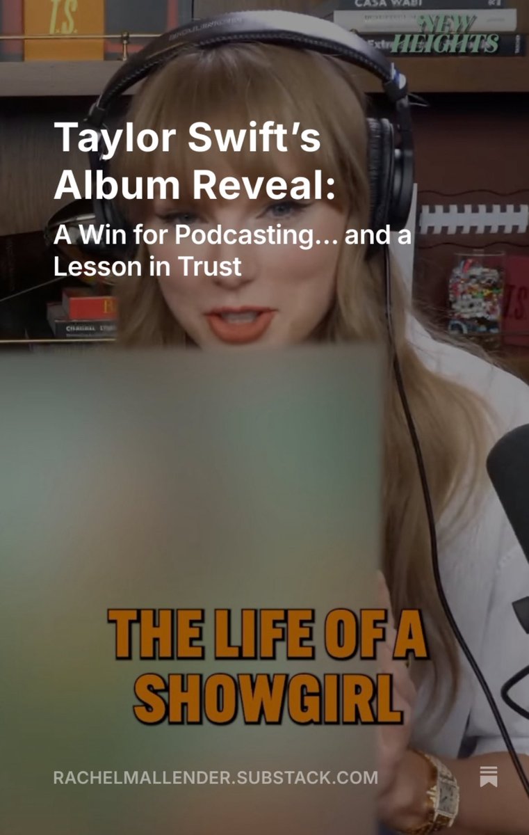 There are big moments… and then there’s Taylor Swift announcing her new album on <a href="/newheightshow/">New Heights</a>. 50m views later before the episode even dropped, podcasters everywhere were ready to declare victory over traditional media. Is it really that simple? 

open.substack.com/pub/rachelmall…