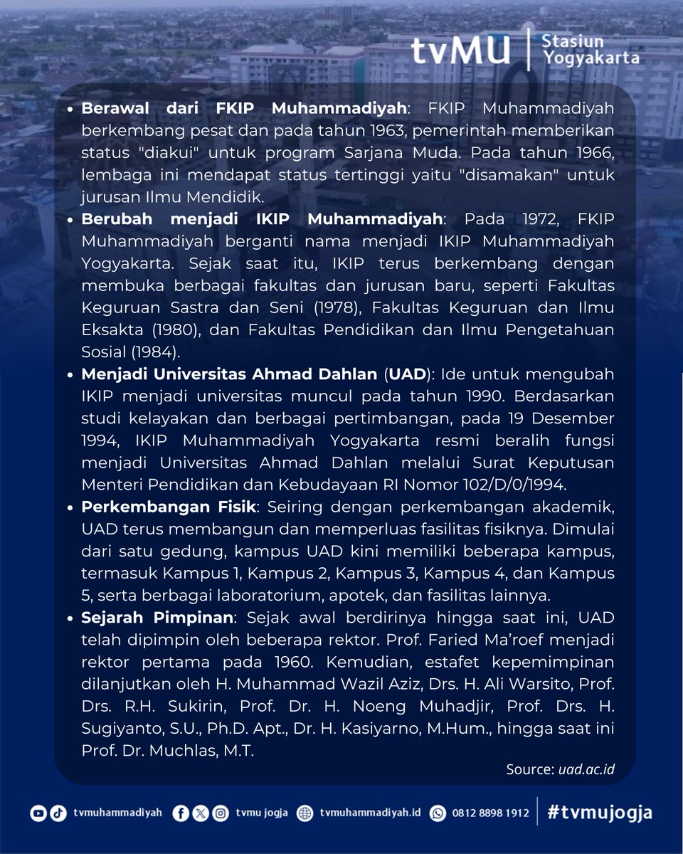 tvmujogja_'s tweet photo. Tahukah kamu? IKIP Muhammadiyah ini merupakan pengembangan dari FKIP Muhammadiyah Cabang Jakarta yang didirikan di Yogyakarta pada tahun 1960. Awalnya, FKIP ini adalah kelanjutan dari kursus BI Muhammadiyah yang sudah ada sejak 1957! ⏳
#UAD #TVMU #StasiunYogyakarta https://t.co/2HBOymlPKi