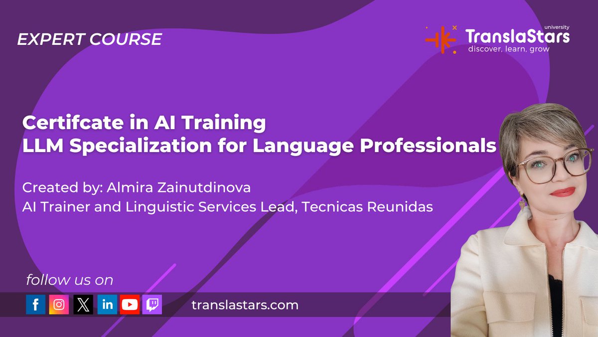🧠🤖 𝗕𝗲𝗰𝗼𝗺𝗲 𝘁𝗵𝗲 𝗹𝗶𝗻𝗴𝘂𝗶𝘀𝘁 𝘄𝗵𝗼 #trains #LLMs
#AITraining: LLM Specialization

🗓️ 6h live: Sept 16–17–18
🏅 Tutor: Almira Zainutdinova
Learn:
🌟 LLM basics
💻 RLHF
🧠 Trainer workflows
👍 Bias &amp; ethics. 

Cert + lifetime replay. 

Join → translastars.com/course/ai-trai…