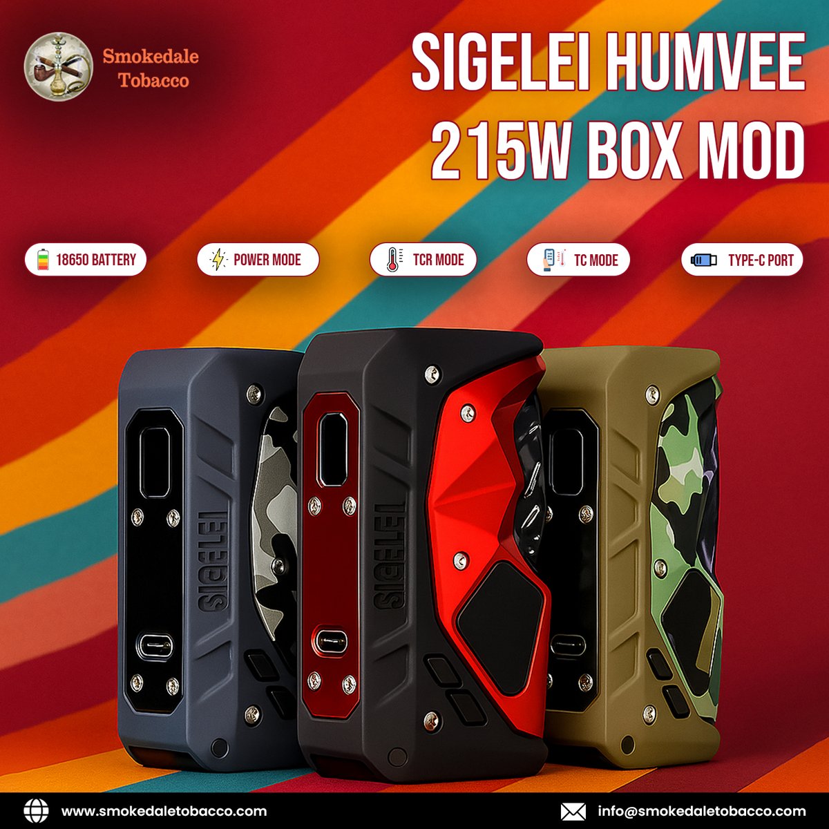 SmokedaleT77414's tweet image. The Sigelei HUMVEE 215W Box Mod brings rugged style and power dual 18650 batteries, 215W max, VW + full TC/TCR modes, USB-C charge, OLED display.
#sigeleihumvee #boxmod #vapegear #dual18650 #tcmode #vapelifestyle #oakdale #Minnesota 

Get it now: shorturl.at/gqU5u