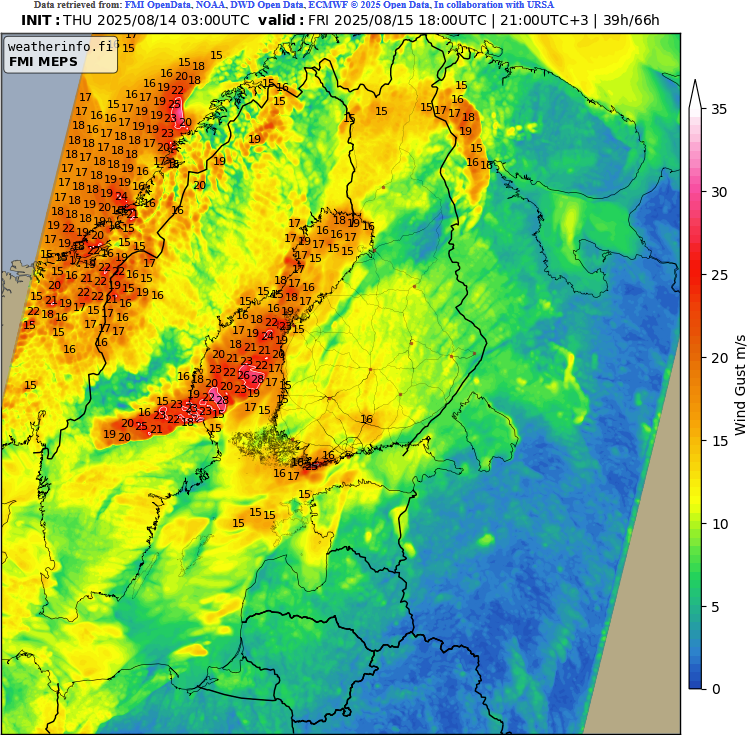 On Friday afternoon and evening, a squall line will pass through Sweden and western Finland. Highest probability of severe wind gusts looks to be in Gävleborg and Uppsala counties, as well as the Åland Islands. #sää #väder #ukkonen #åska #EUwx