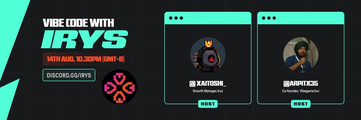 xaitoshi (✧ᴗ✧) (@xaitoshi_) on Twitter photo Hirys <a href="/irys_xyz/">Irys (✧ᴗ✧)</a> fam!
Tonight's vibe coding session is held with <a href="/Arpitx35/">Arpit Singh</a>, the co-founder of <a href="/vibegamefun/">Vibe Game</a>.
Vibegame.fun is a gaming launchpad powered by <a href="/MeteoraAG/">Meteora</a>, excited to have them demo their platform & their upcoming features!
See you there: Hirys <a href="/irys_xyz/">Irys (✧ᴗ✧)</a> fam!
Tonight's vibe coding session is held with <a href="/Arpitx35/">Arpit Singh</a>, the co-founder of <a href="/vibegamefun/">Vibe Game</a>.
Vibegame.fun is a gaming launchpad powered by <a href="/MeteoraAG/">Meteora</a>, excited to have them demo their platform & their upcoming features!
See you there: