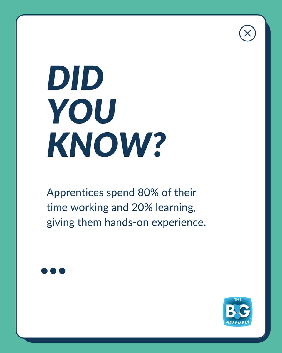 Did you know? 💡

Apprenticeships are all about balance, you spend 80% of your time working in a real job and 20% learning new skills that help you grow. 🙌

📚💼 It's hands-on experience and recognised qualifications, the best of both worlds!

#BigAssembly #Apprenticeships