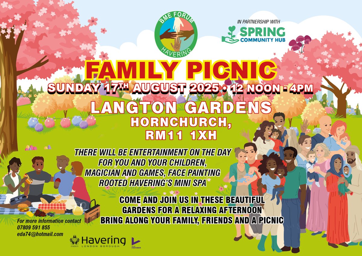 SpringCommHub's tweet image. 🌳 FAMILY PICNIC ALERT! 🌳
Join us on SUNDAY, 17th AUGUST 2025, 12-4 PM at LANGTON GARDENS, HORNCHURCH! 🎉 Fun for all ages: magician, games, face painting & mini spa! Bring your picnic & enjoy!
In partnership with @haveringBME