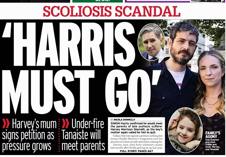 caulmick's tweet image. 'Harris Must Go' - Calls grow demanding accountability 📢

Harvey's mum [@GillSherratt23 ] signs petition as pressure grows.

10 months from the initial promise to meet with Harvey’s parents, the embattled Tanaiste Simon Harris commits to meet them again. 

Will he? Or will he…
