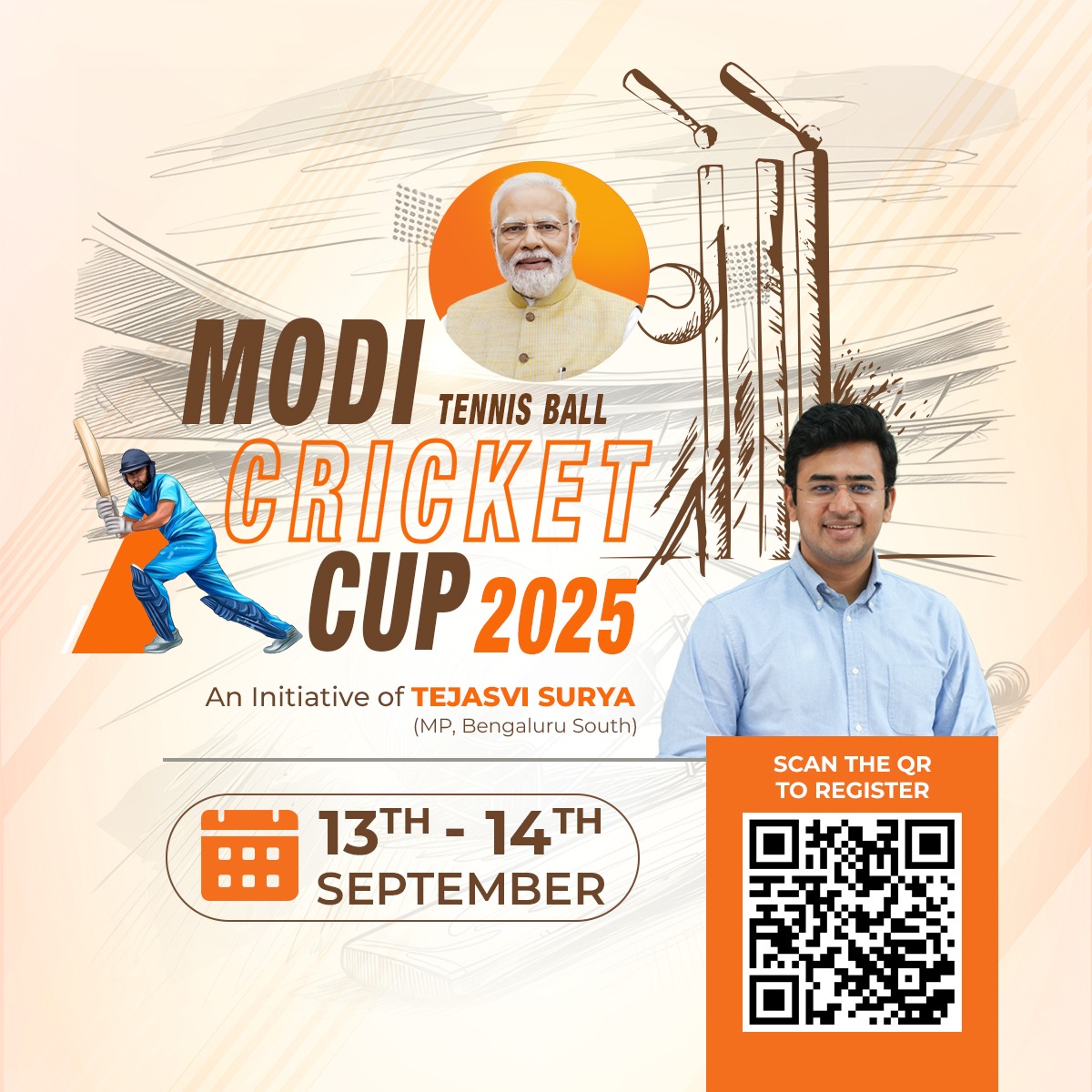 Assemble your teams and step onto the pitch, the Modi Cricket Cup 2025 is back on Sept 13 &amp; 14! 🏏

The 2nd edition is bigger, better, and set to knock it out of the park with multiple venues, thrilling 6-over clashes, and prizes that’ll bowl you over.
From helicopter shots to