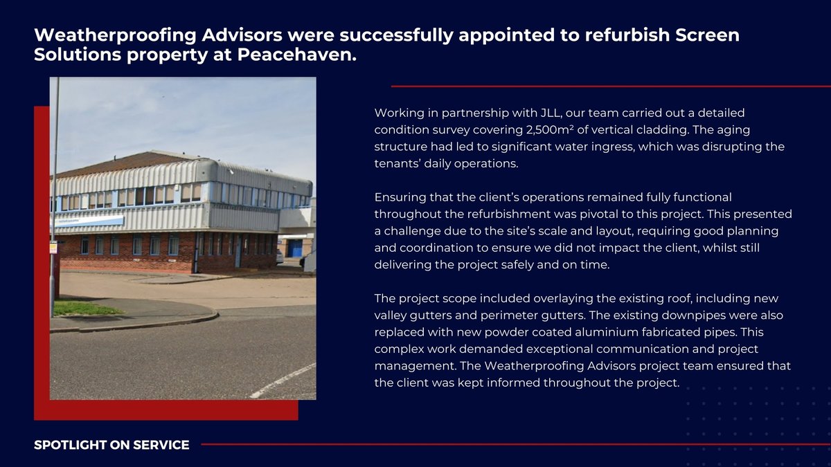 WPAltd's tweet photo. We are proud to showcase our latest Spotlight on Service – the full refurbishment of the roof and wall cladding at JLL’s Peacehaven property.

#SpotlightOnService #RoofRefurbishment #CladdingRefurbishment #WeatherproofingAdvisors #CommercialRoofing https://t.co/3fvK2eIorX