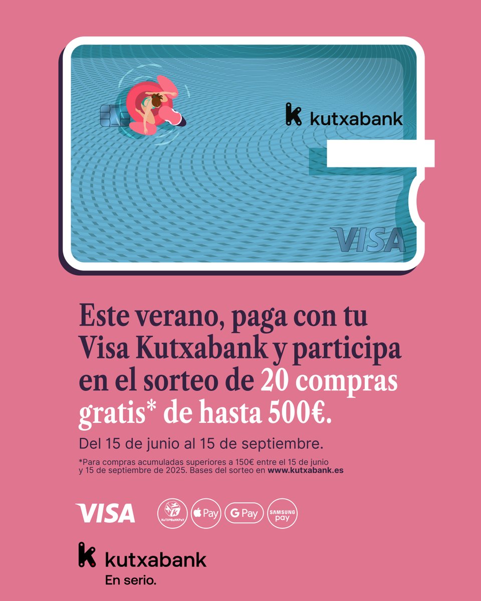 Este verano☀️, paga con tu Visa Kutxabank 💳 y participa en el sorteo de 20 compras gratis de hasta 500€.
📅 Del 15 de junio al 15 de septiembre
Kutxabank En serio.

🔗 brnw.ch/21wUU5n