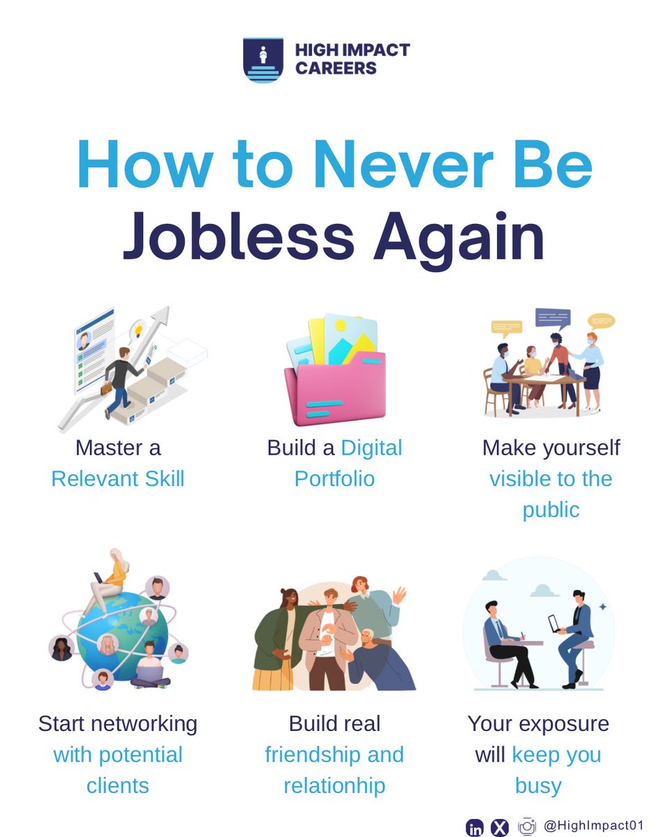 HighImpact01's tweet image. Tired of job hunting? Here’s how to never be jobless again 👇🏾.
Start building skills that do the hunting for you.
#RecruitmentThursday #JobHunting