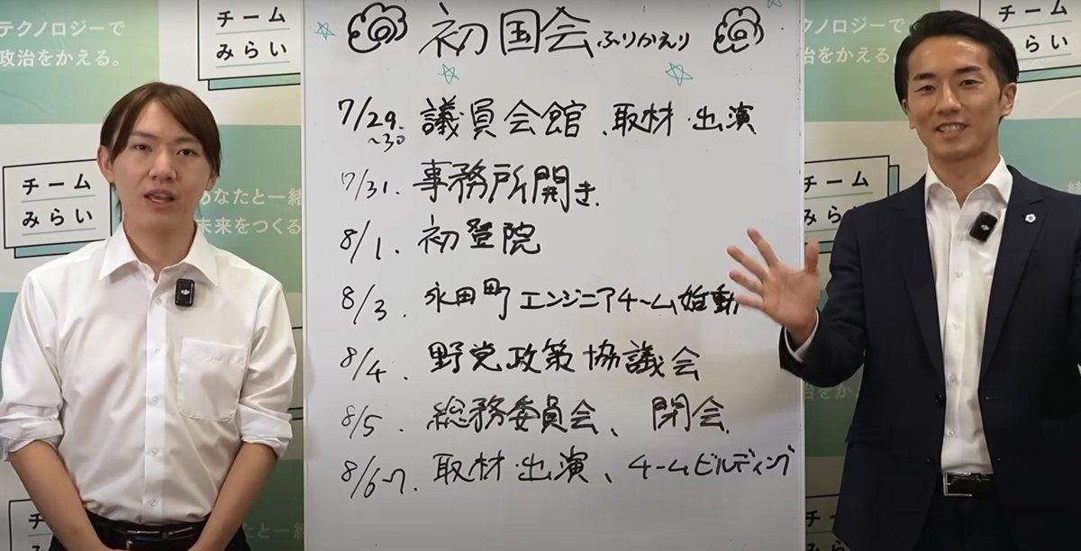 【新人議員・始めの10日間‼️】

7/29, 30　　議員会館事務所にお引越し
7/31　　   　事務所開き
8/1　　　 　初登院
8/3　　　　永田町エンジニアチーム始動
8/4　　　　野党政策協議会
8/5　　　　総務委員会、閉会
8/6,7　　 　取材・出演、チームビルディング

今後も安野さんの動きに注目です！