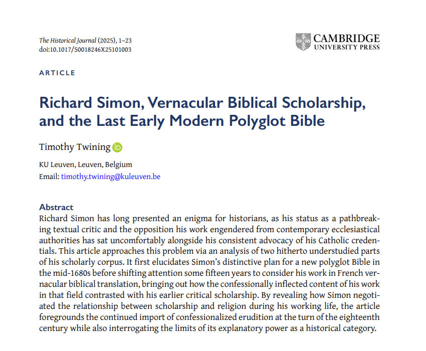 HistoricalJnl's tweet photo. 📣Out now on #firstview!

Timothy Twining (@tntwining) (KU Leuven) on 'Richard Simon, Vernacular Biblical Scholarship, and the Last Early Modern Polyglot Bible'

#Religion #Scholarship #Translation #Catholic #French #17thc 📙

👉Open access: https://t.co/HwVi7temp5 https://t.co/qZ8FX3Iarg