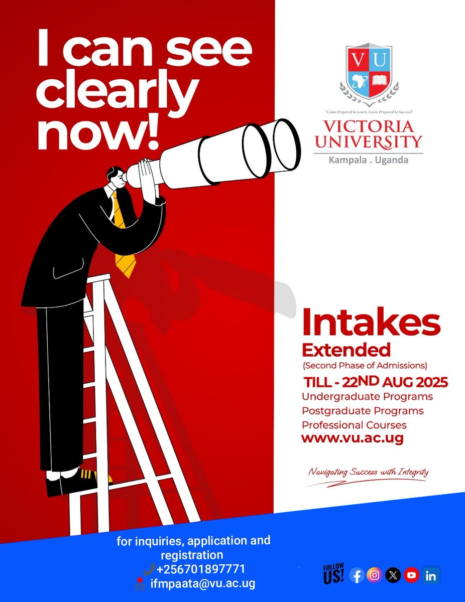 ivanmpaata's tweet photo. π The road to your future is open!
@VUKampala intake extended till 22nd August 2025 β Apply now for Undergraduate, Postgraduate, or Professional Courses.
π© ifmpaata@vu.ac.ug
π +256701897771
@Kachaina1
@ReachDrMuganga
#Admissions2025 #StudyAtVU https://t.co/myfJ9FpjfW