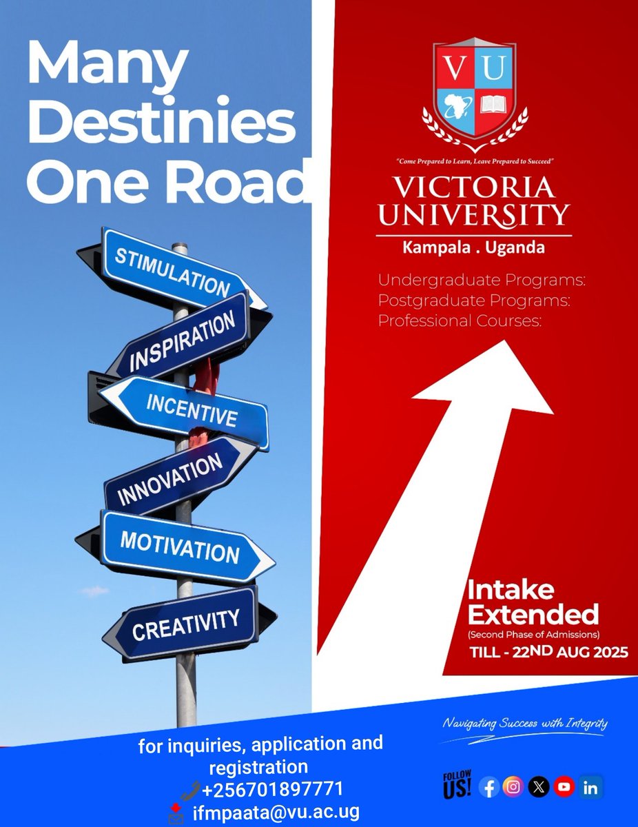 ivanmpaata's tweet photo. π The road to your future is open!
@VUKampala intake extended till 22nd August 2025 β Apply now for Undergraduate, Postgraduate, or Professional Courses.
π© ifmpaata@vu.ac.ug
π +256701897771
@Kachaina1
@ReachDrMuganga
#Admissions2025 #StudyAtVU https://t.co/myfJ9FpjfW