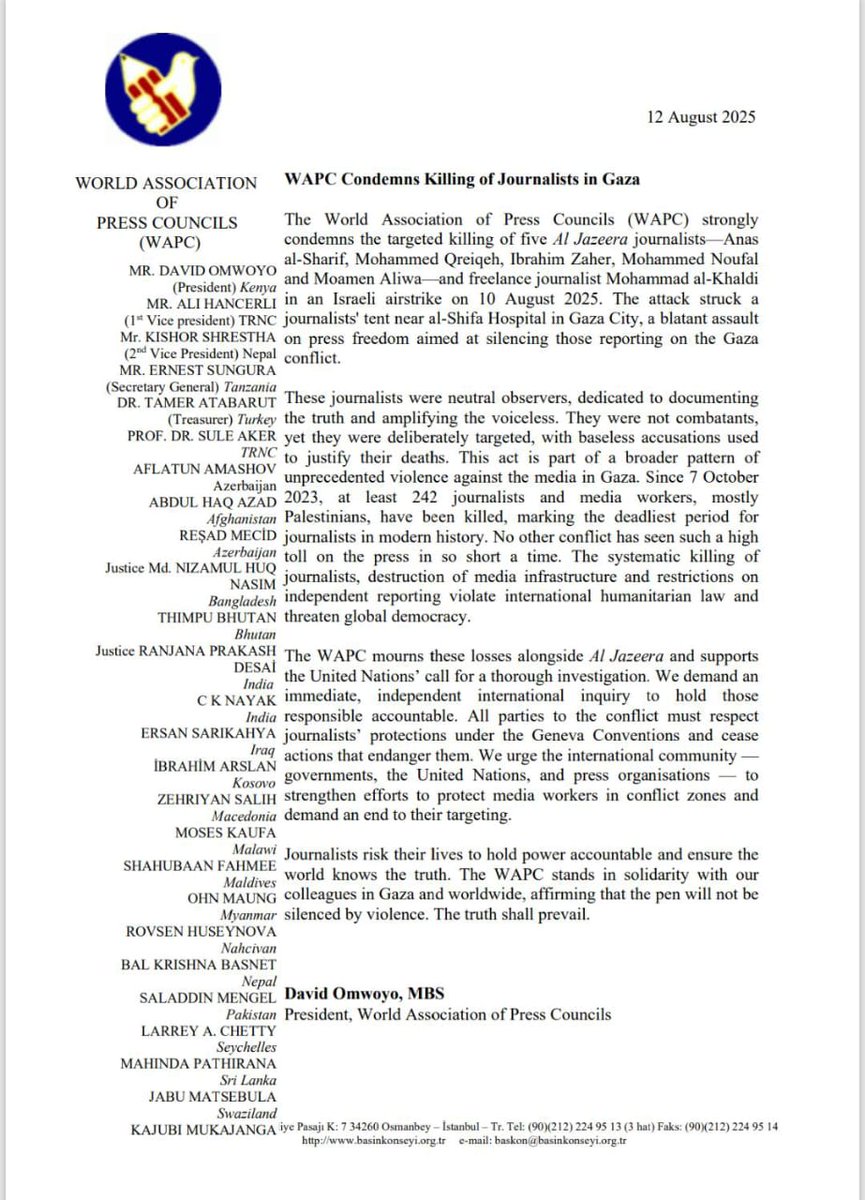 WAPC condemns the killing of journalists in Gaza