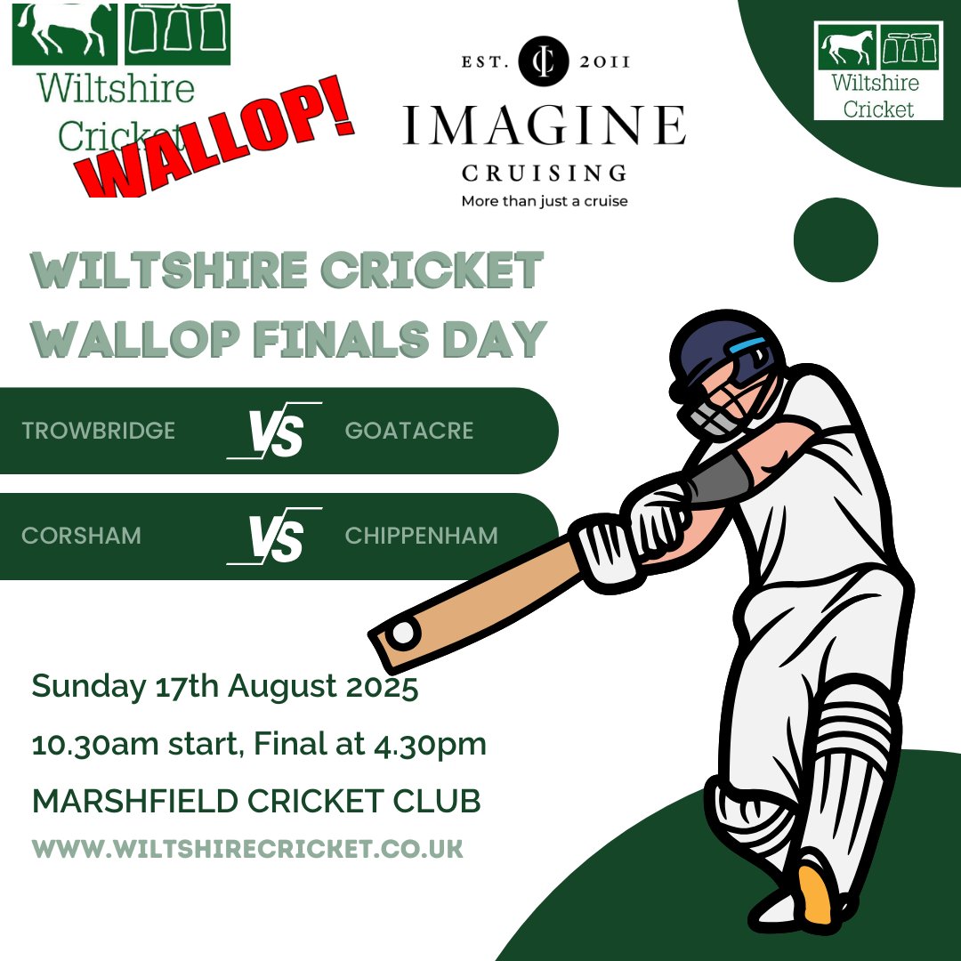 Wiltshire Cricket π (@wiltscricket) on Twitter photo π The Imagine Cruising Wiltshire Wallop Finals Day 2025!
π <a href="/Marshfield_CC/">Marshfield CC</a> plays host to this year's finals day
π₯ 10.30am: <a href="/trowbridgecc/">ππ§π€π¬ππ§ππππ πΎπ§πππ ππ© πΎπ‘πͺπ</a> π <a href="/GoatacreCC/">Goatacre Cricket Club</a>
π 1.30pm: <a href="/corshamcc/">Corsham Cricket Club</a> π <a href="/chippenhamcc/">Chippenham Cricket Club</a>
π 4.30pm: FINAL π₯
β‘οΈ Follow it all at; wiltsclubcomps.play-cricket.com/website/cup/68β¦ π The Imagine Cruising Wiltshire Wallop Finals Day 2025!
π <a href="/Marshfield_CC/">Marshfield CC</a> plays host to this year's finals day
π₯ 10.30am: <a href="/trowbridgecc/">ππ§π€π¬ππ§ππππ πΎπ§πππ ππ© πΎπ‘πͺπ</a> π <a href="/GoatacreCC/">Goatacre Cricket Club</a>
π 1.30pm: <a href="/corshamcc/">Corsham Cricket Club</a> π <a href="/chippenhamcc/">Chippenham Cricket Club</a>
π 4.30pm: FINAL π₯
β‘οΈ Follow it all at; wiltsclubcomps.play-cricket.com/website/cup/68β¦