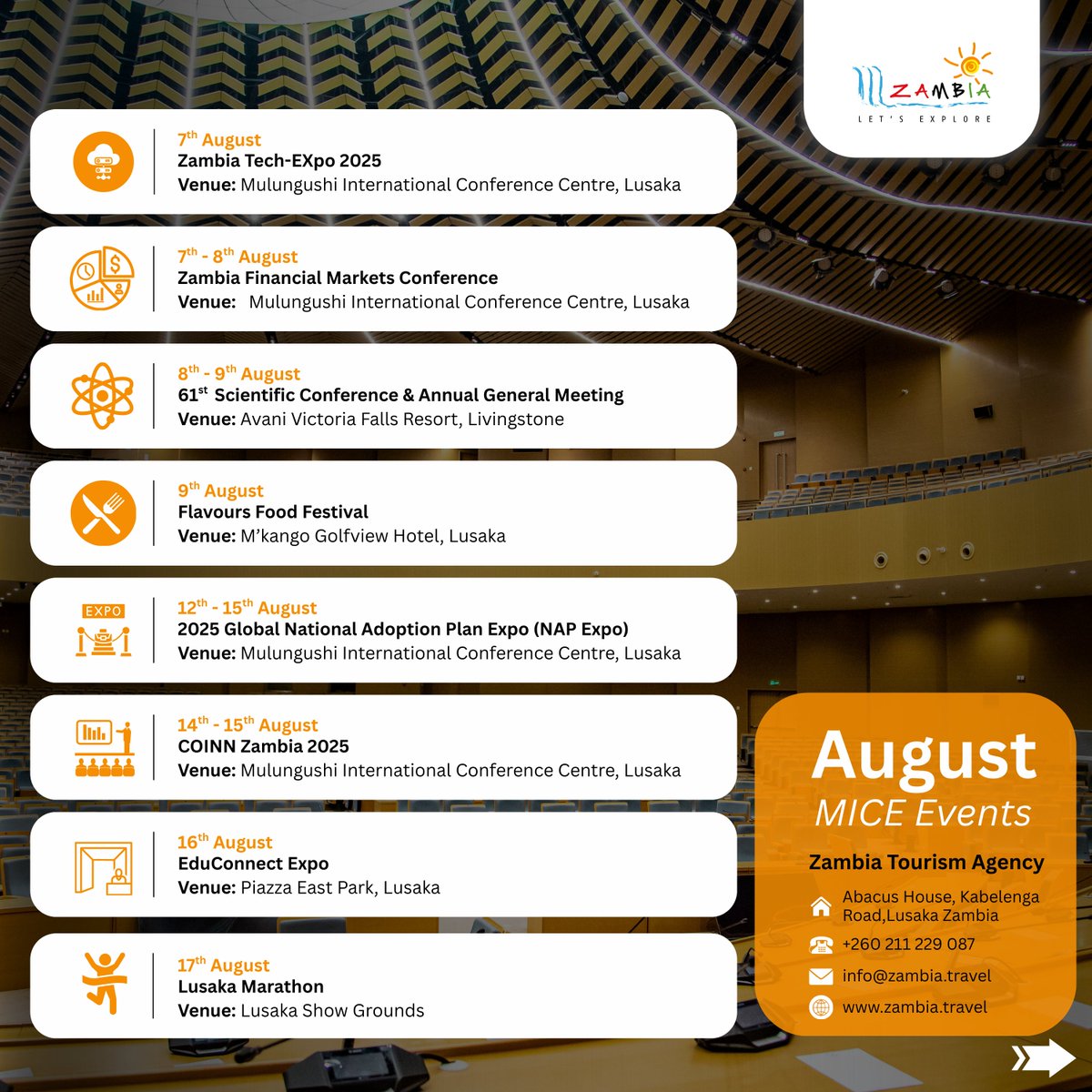 TourismZambia's tweet image. August’s MICE calendar is here! Plan, connect, and engage in events driving business tourism and collaboration in Zambia. #MICE #BusinessTourism #VisitZambiaAsk
