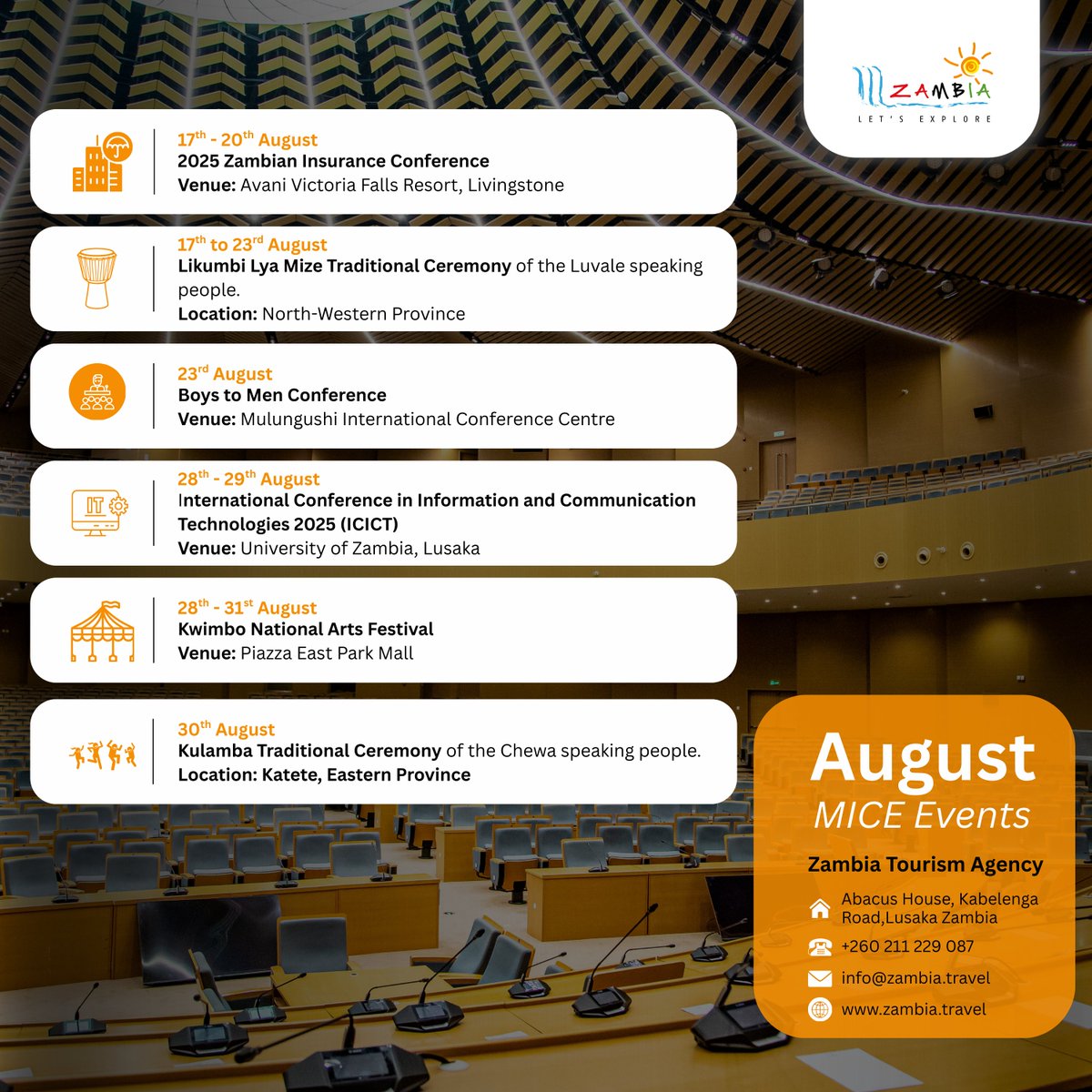 TourismZambia's tweet image. August’s MICE calendar is here! Plan, connect, and engage in events driving business tourism and collaboration in Zambia. #MICE #BusinessTourism #VisitZambiaAsk