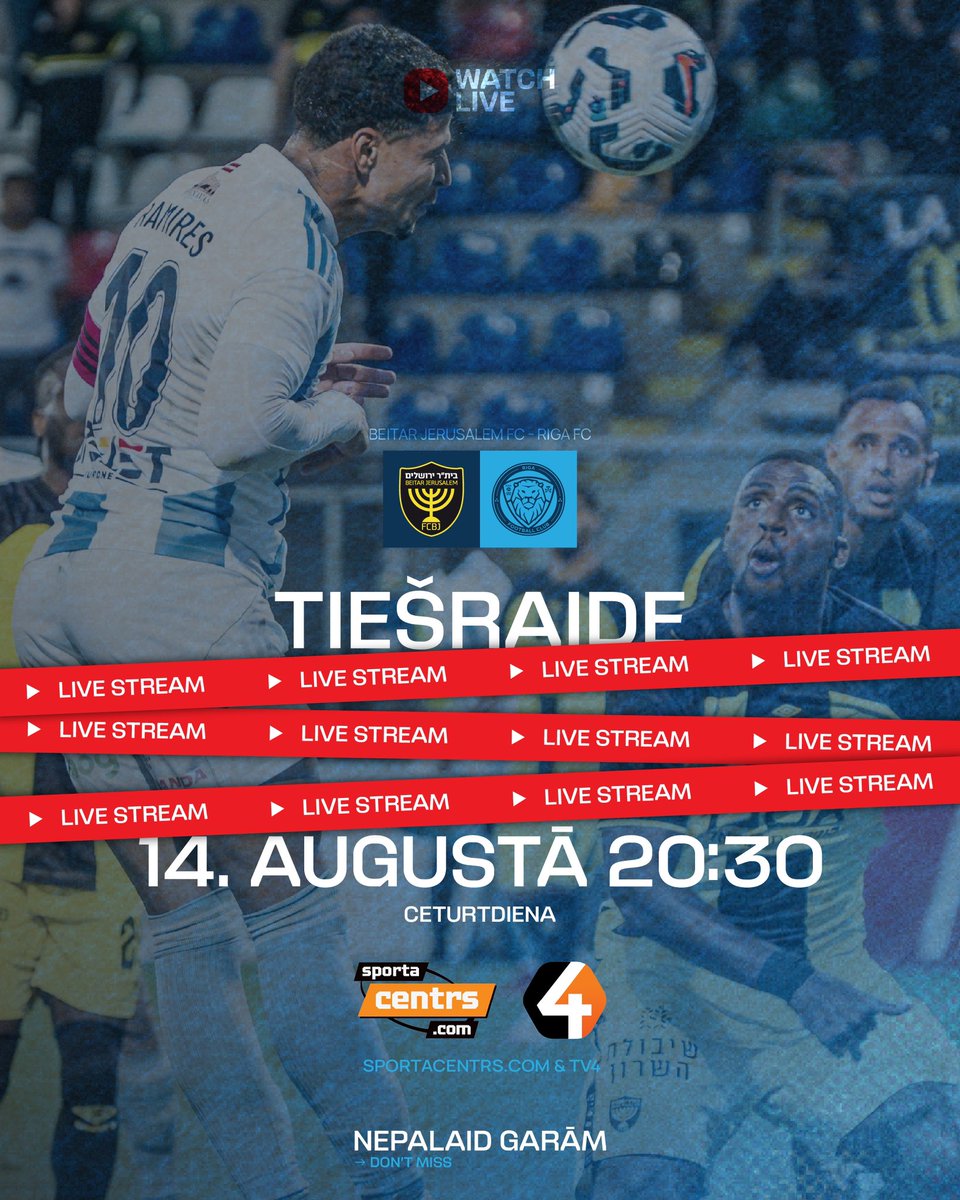 Latvijā mūsu UEFA Konferences līgas kvalifikācijas 3. kārtas atbildes spēli viesos pret Izraēlas klubu Beitar Jerusalem tiešraidē varēsiet vērot TV4 un Sportacentrs.com! Spēles sākums pulksten 20:30!👍⚽️🦁🇱🇻