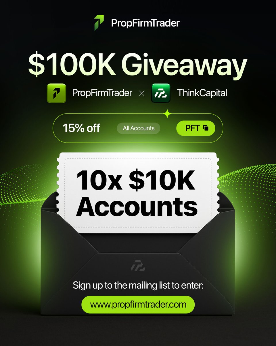 $100K Giveaway with ThinkCapital 🚨 

We’ve teamed up with ThinkCapital to give away:
🎟 10x $10K accounts

And that’s not all, get 15% off all ThinkCapital accounts with code PFT.

🔗 Sign up to the PropFirmTrader mailing list to enter:
propfirmtrader.com