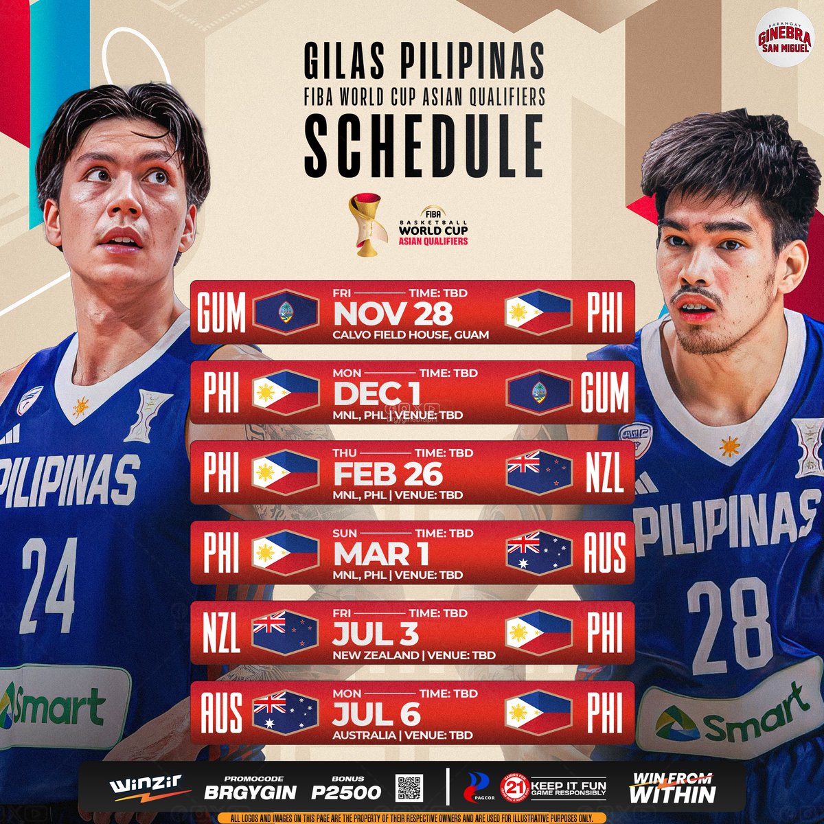 THE MISSION CONTINUES 🔥🇵🇭

Welcome to the GROUP OF DEATH.
Six wars. One goal. No backing down.

From Guam to New Zealand to Australia, Gilas Pilipinas is ready to fight for every point, every rebound, every win. This is the road to the FIBA World Cup — and it runs through the