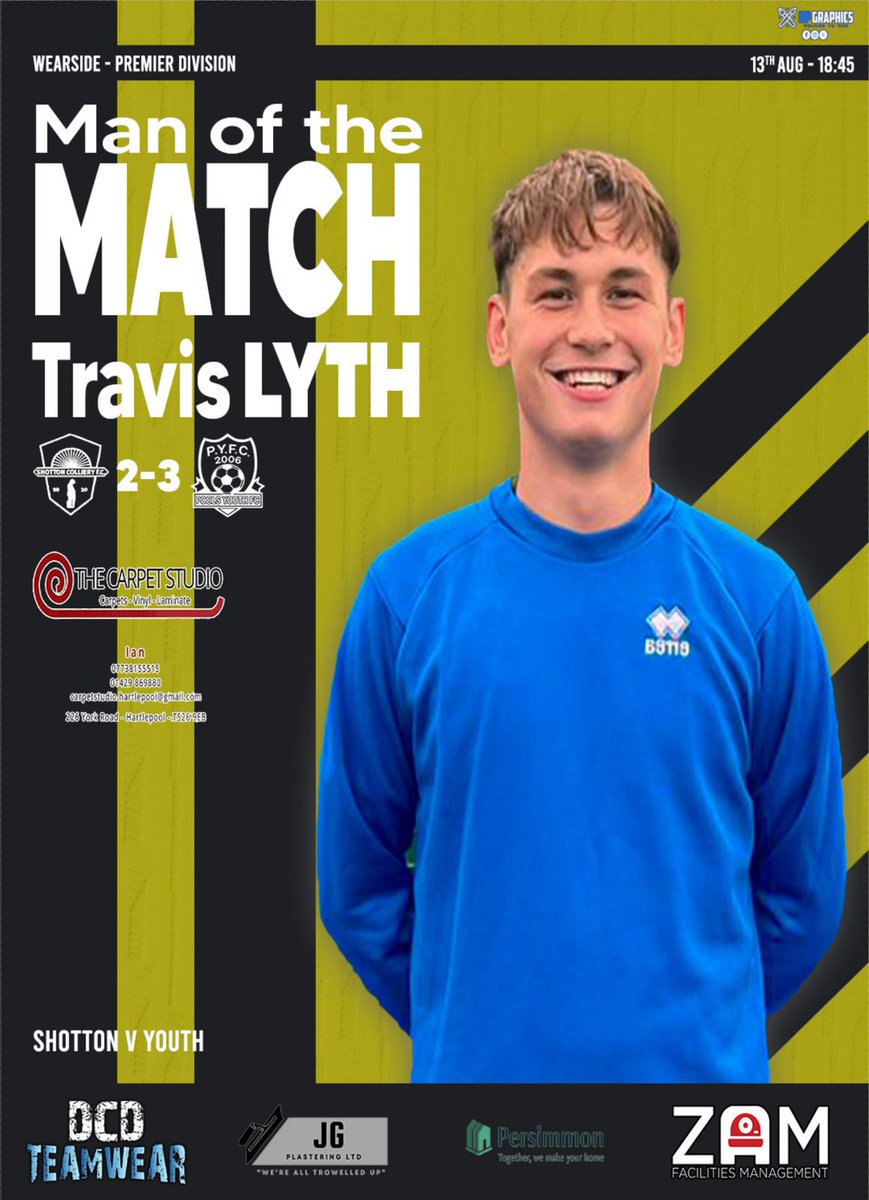 Hartlepool Pools Youth FC Seniors (@pyfc_seniors) on Twitter photo ๐ ๐ฎ๐ป ๐ผ๐ณ ๐๐ต๐ฒ ๐บ๐ฎ๐๐ฐ๐ต 
๐ง๐ฟ๐ฎ๐๐ถ๐ ๐๐๐๐ต
Last nights man of the match went to left back Trav Lyth. Trav has really hit the ground running this season picking up 3 out of 4 man of the matches. 
Trav is sponsored by The Carpet Studio. ๐ ๐ฎ๐ป ๐ผ๐ณ ๐๐ต๐ฒ ๐บ๐ฎ๐๐ฐ๐ต 
๐ง๐ฟ๐ฎ๐๐ถ๐ ๐๐๐๐ต
Last nights man of the match went to left back Trav Lyth. Trav has really hit the ground running this season picking up 3 out of 4 man of the matches. 
Trav is sponsored by The Carpet Studio.