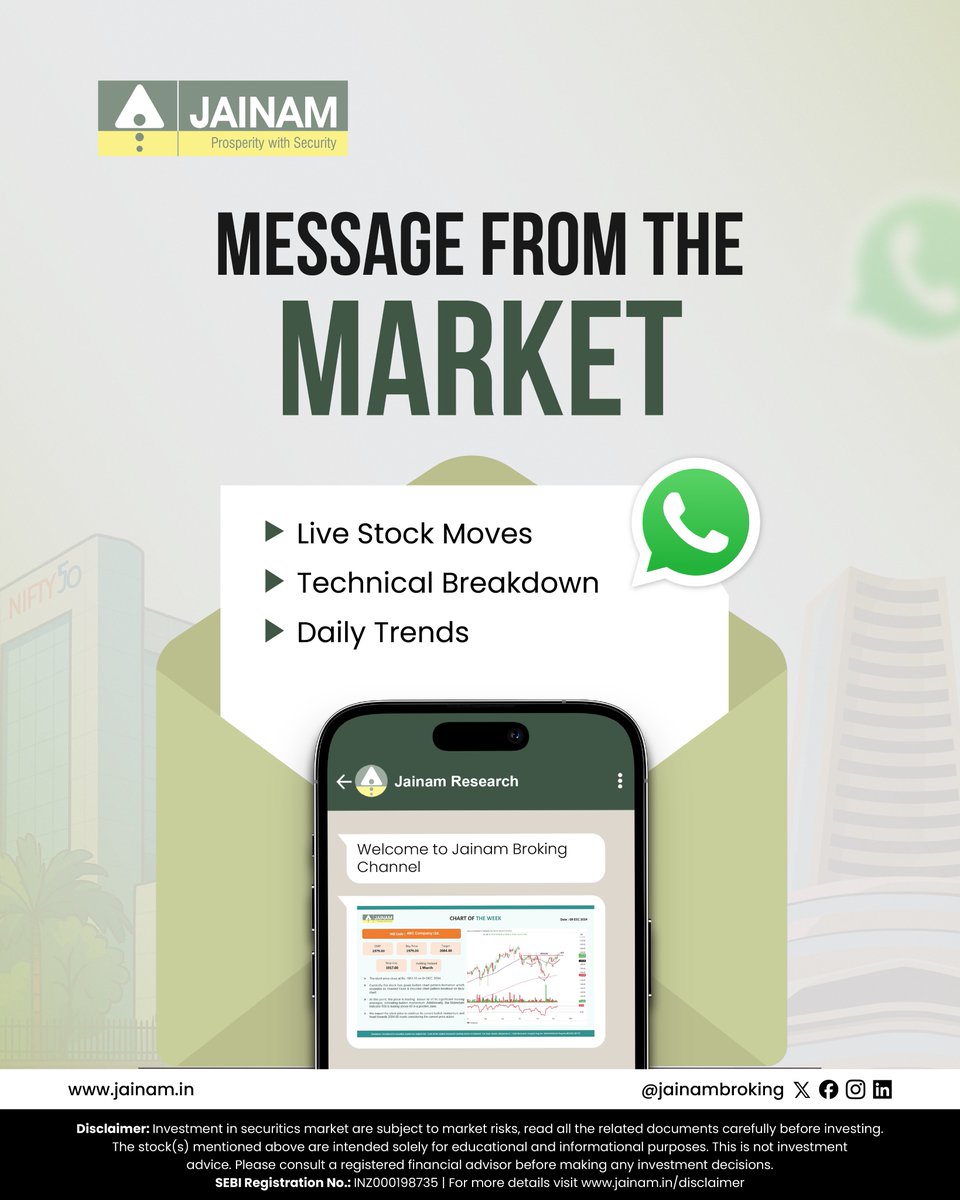 jainambroking's tweet image. No more guessing what the market&apos;s trying to say.
From intraday moves to key patterns—get decoded updates that matter.
It’s the message every trader needs—sent straight from our WhatsApp Research Channel. 

#realtimeupdates #stockmovements #technicalinsights #markettrends…