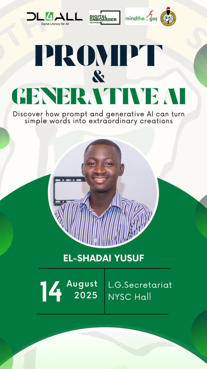 Dodeel_Benue's tweet photo. CDS ACTIVITY FOR THE WEEK! 
Our #CDS Activity this week showcases how AI can transform simple ideas into innovative solutions. We'd be exploring the benefits of AI and how to unlock new possibilities! 
How has AI helped you?
Share your creations and inspire others! #AI #NYSC https://t.co/BcLUUIDKfo