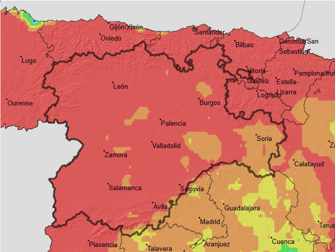 BomberosVLL's tweet photo. 🔴 Riesgo extremo de incendios forestales en CASI TODA la comunidad que se extiende a TODA ELLA este fin de semana.
Si ves humo o fuego, alerta de inmediato a @112cyl , la alerta temprana  es clave para frenar un incendio.
Fuente @AEMET https://t.co/kxvXsplzuf
