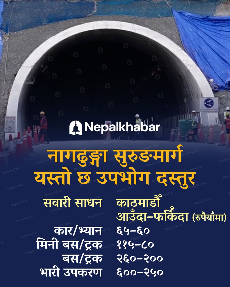 nepalkhabar's tweet photo. नागढुङ्गा सुरुङ मार्ग आगामी दसैँबाट सञ्चालनमा ल्याउने तयारी सरकारको छ। जसअनुसार यस मार्गबाट सञ्चालन हुने सवारी साधनका लागि साधनअनुसार काठमाडौँ आउँदा र फर्किँदाको शुल्क मन्त्रिपरिषद् बैठकले तय गरेको छ।
#NagdhungaTunnel #Nagdhunga #tunnel #NepalKhabar #khabarpahila https://t.co/L7yikmcJhz