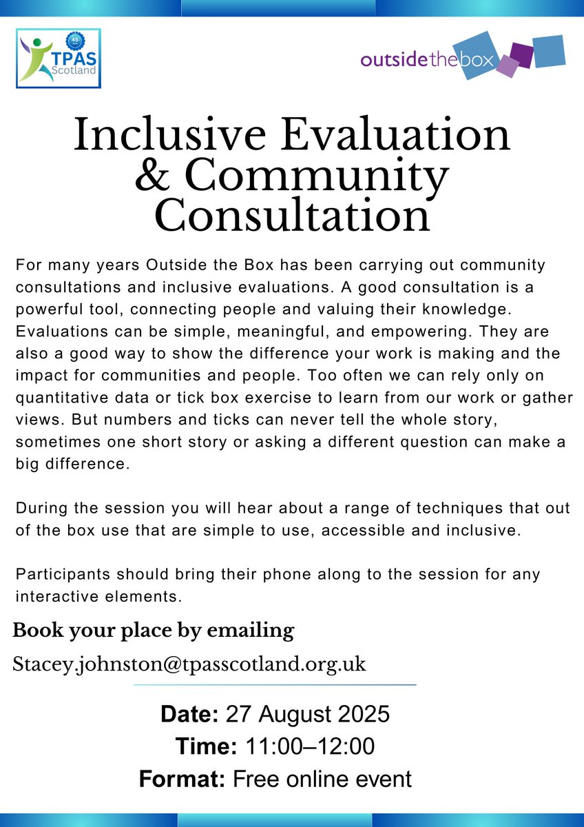 TPASScotland's tweet image. We have our next members only webinar on the 27th August.  This webinar will be delivered by out of the box.  

If you would like to attend then you can email stacey.johnston@tpasscotland.org.uk 

#TPASScotland