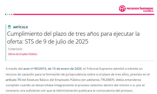 RRHHesPublico's tweet photo. 📢 ¡NUEVO ARTÍCULO! Analizamos la sentencia del Tribunal Supremo de 9 de julio de 2025 (https://t.co/hRfQvvCf8c), que zanja la controversia sobre el cumplimiento del plazo de tres años para ejecutar la OEP. https://t.co/X15HuANgKs https://t.co/ovbWOaA7BV