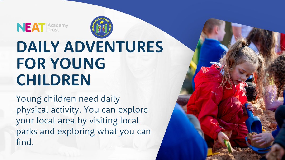 Young children need daily physical activity. You can explore your local area by visiting local parks and exploring what you can find.