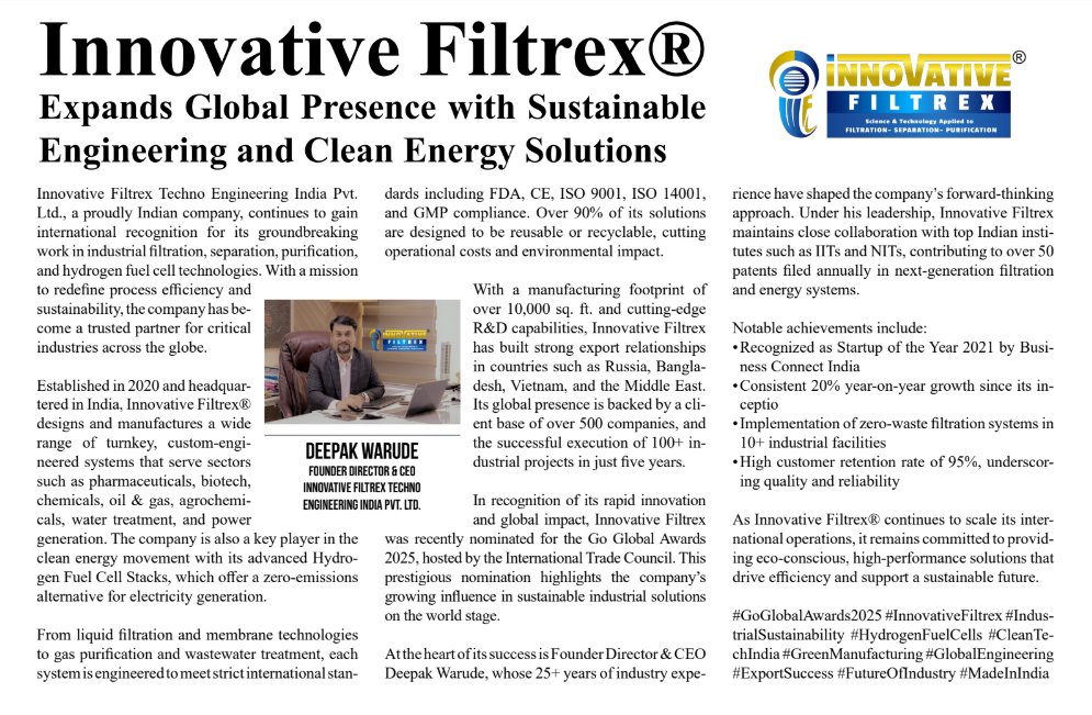 SupplyChainRep's tweet image. 🌍 Innovative Filtrex Techno Engineering India Pvt. Ltd. leads in sustainable engineering—clean energy, advanced filtration &amp;amp; hydrogen fuel cells for pharma, oil &amp;amp; gas, water sectors. Proud #GoGlobalAwards2025 nominee!
#CleanEnergy #GreenEngineering
🔗 supplychainreport.org/innovative-fil…