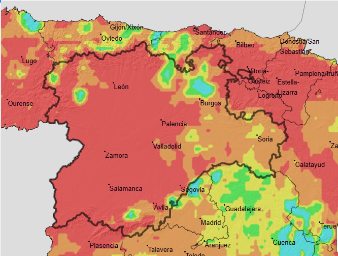 BomberosVLL's tweet photo. 🔴 Riesgo extremo de incendios forestales en CASI TODA la comunidad que se extiende a TODA ELLA este fin de semana.
Si ves humo o fuego, alerta de inmediato a @112cyl , la alerta temprana  es clave para frenar un incendio.
Fuente @AEMET https://t.co/kxvXsplzuf