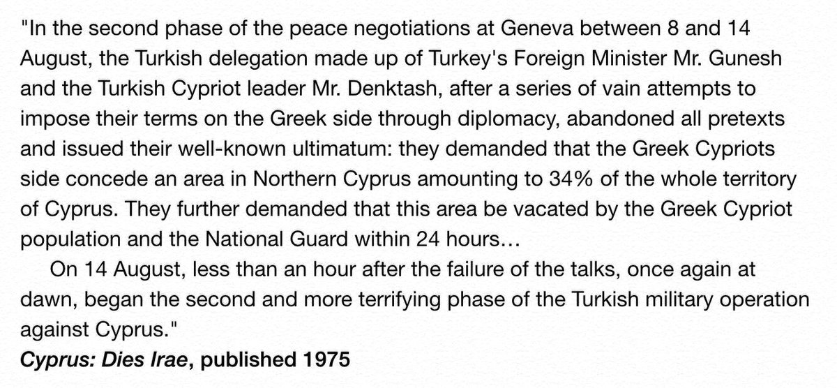 14 Aug 1974: Turkey launches its second brutal invasion of #Cyprus in 1974 after the Cyprus gov rejects obscene ultimatum to concede and depopulate northern area. Turkey extends illegal occupation zone, forcibly displacing 170k Cypriot citizens of Greek/Christian origin #Δενξεχνώ