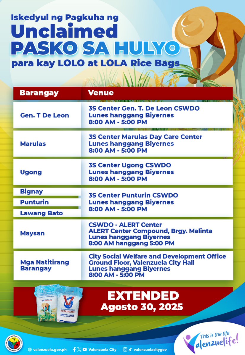 EXTENDED ang pagkuha ng #PaskoSaHulyo, mga Lolo at Lola! 

Para sa #Valenzuelano Senior Citizens na may claim stub ngunit hindi nakuha ang kanilang gift pack, maaaring kuhanin ito sa mga sumusunod na tanggapan hanggang Agosto 30, 2025: