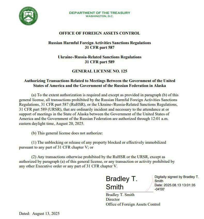 Het Amerikaanse ministerie van Financiën heeft tijdelijk de beperkingen op Rusland opgeheven voor alle financiële transacties die verband houden met de voorbereiding en het houden van de top in Alaska.

De versoepeling is geldig tot 20 augustus.