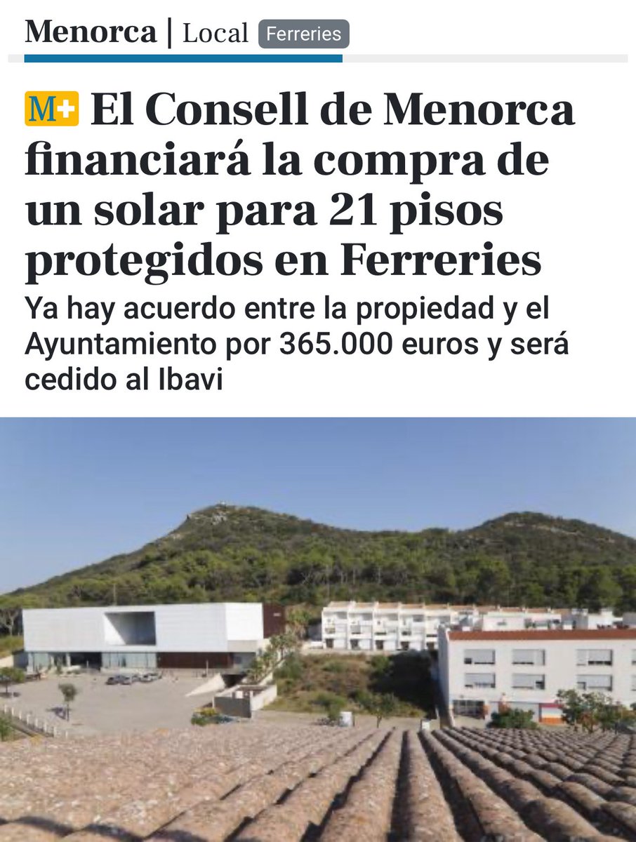 🔵 Gran feina per part de s'equip de govern del PP a es Consell.  

🏠 Per un ferm compromís amb es menorquins. S’acorda una inversió de 365 .645 € per adquirir un solar a Ferreries i promoure entre 21 i 22 VPO que atendran necessitats reals d'habitatge.  

🗞️ <a href="/esdiarimenorca/">menorca.info</a>