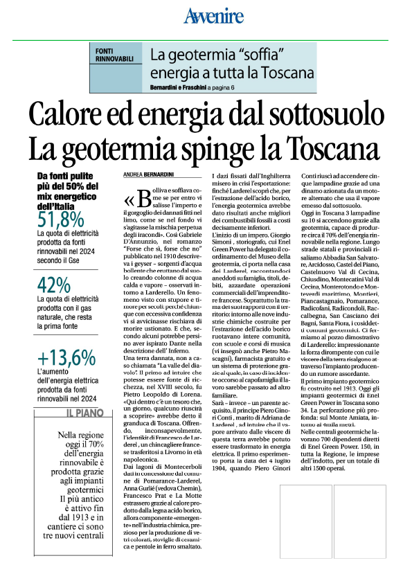EnelGroupIT's tweet photo. Geotermia: un’eccellenza italiana tra storia, innovazione e sostenibilità.

In Toscana, la geotermia rappresenta un modello unico al mondo di integrazione tra energia rinnovabile, tutela del territorio e sviluppo locale.

Da Larderello, dove oltre un secolo fa fu prodotta per la prima volta al mondo energia dal calore della terra, si è propagata una crescita continua. Oggi, questa risorsa:

✅ Copre il 70% dell’energia rinnovabile della regione;
✅ Coinvolge 16 comuni in un sistema virtuoso di benefici economici e sociali;
✅ Sostiene un indotto occupazionale importante, con oltre 1.500 addetti;
✅ Alimenta servizi, imprese, cultura e turismo sostenibile;
✅ Rende l’Italia protagonista della transizione energetica europea.

Un esempio concreto di come sia possibile coniugare sviluppo, innovazione e rispetto per l’ambiente e soprattutto crescita del Territorio e delle Comunità.
🌱 La geotermia è un motore silenzioso, poetico e magico, di una risorsa naturale che guarda al domani con radici profonde nella nostra storia e cultura.

Leggi l'articolo su @Avvenire_Nei e scopri di più 👇 @enelgreenpower