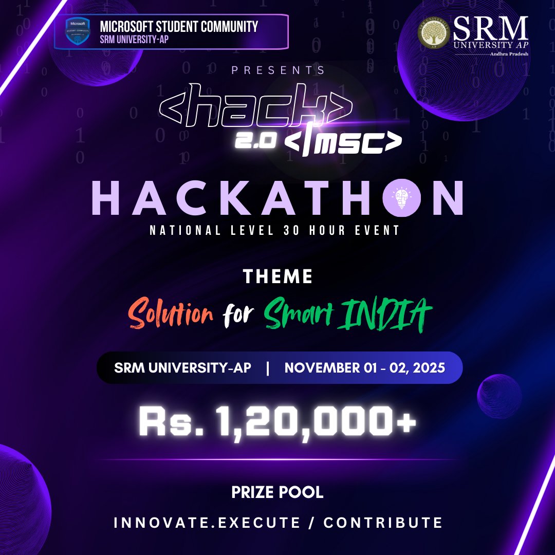 SRM University-AP (@srmuap) on Twitter photo ๐๐๐ญ ๐๐๐๐๐ฒ ๐ญ๐จ ๐๐๐๐ค ๐ญ๐ก๐ ๐
๐ฎ๐ญ๐ฎ๐ซ๐!
The Microsoft Student Community at SRM University-AP proudly presents 2.0 , a National Level 30-Hour Hackathon designed to push your limits and ignite your creativity.
Theme: Solution for Smart India
Date: 1st โ 2nd November ๐๐๐ญ ๐๐๐๐๐ฒ ๐ญ๐จ ๐๐๐๐ค ๐ญ๐ก๐ ๐
๐ฎ๐ญ๐ฎ๐ซ๐!
The Microsoft Student Community at SRM University-AP proudly presents 2.0 , a National Level 30-Hour Hackathon designed to push your limits and ignite your creativity.
Theme: Solution for Smart India
Date: 1st โ 2nd November