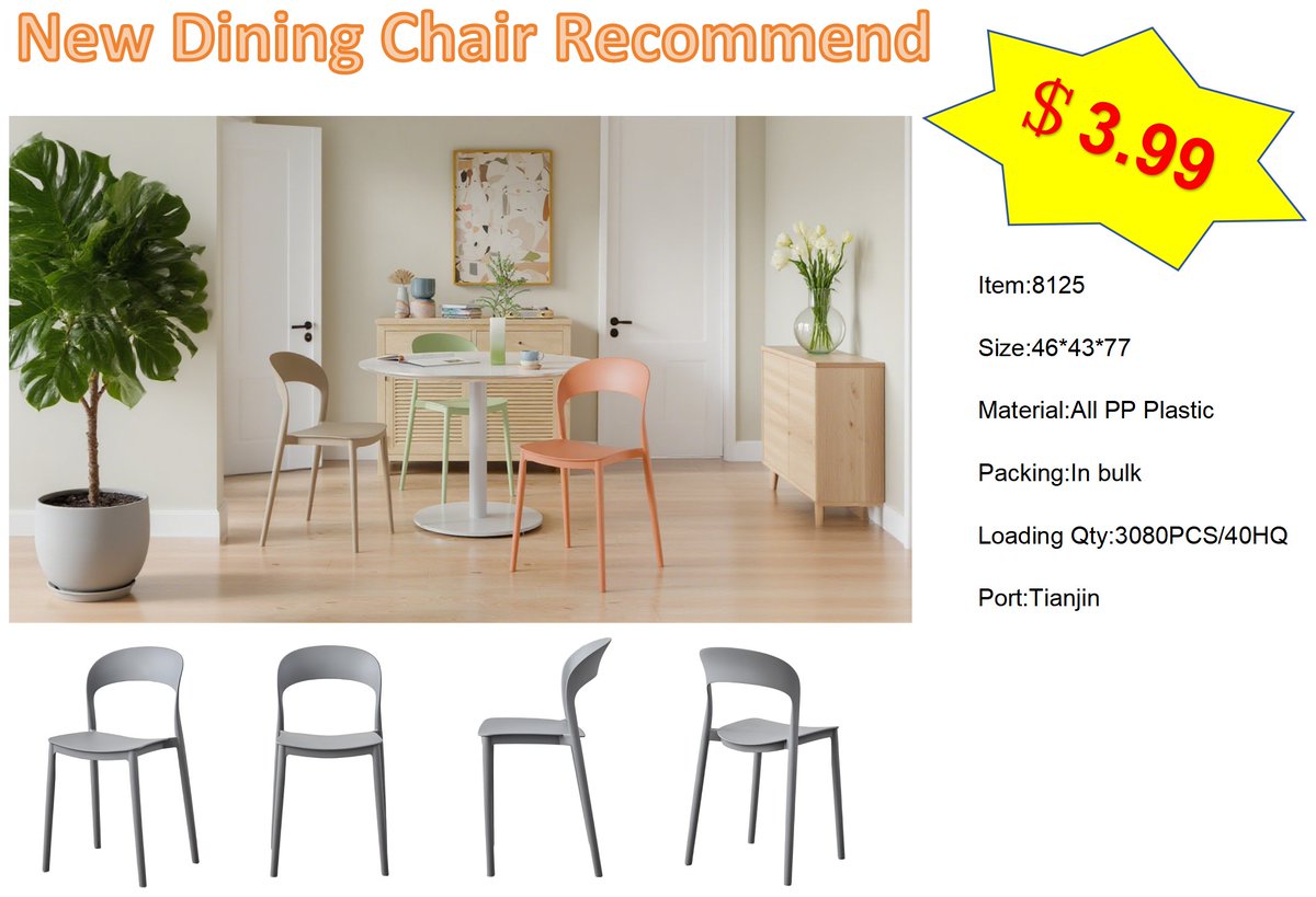cnflyfurniture's tweet image. Streamlined, minimalist chair at $3.99 FOB! Lightweight, stackable &amp;amp; perfect for home, office, or events. Modern style meets practicality 🌟
📩 cnflyfurniture@gmail.com #plasticchair #minimalistfurniture #stackablechairs
