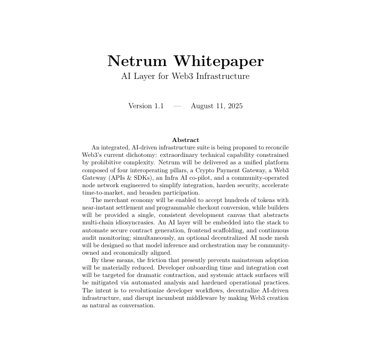 netrum_ai's tweet photo. Introducing Netrum Labs Whitepaper

A unified AI-infused infrastructure layer built to make Web3 integration as natural as conversation.

The whitepaper lays out the architecture, design rationale, and staged rollout plan in detail.
