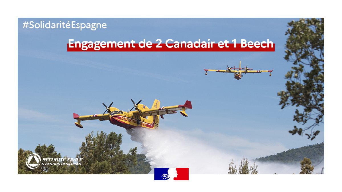 SecCivileFrance's tweet image. #SolidaritéEuropéenne 🇪🇸🇫🇷
L'Espagne fait face à d'importants #FeuxDeForêt : 2 #Canadair et 1 #Beech sont mobilisés en renfort.
Les équipages partent aujourd'hui de la base de Sécurité civile, dans le cadre du Mécanisme de protection civile de l'Union #EUCivPro🇪🇺.