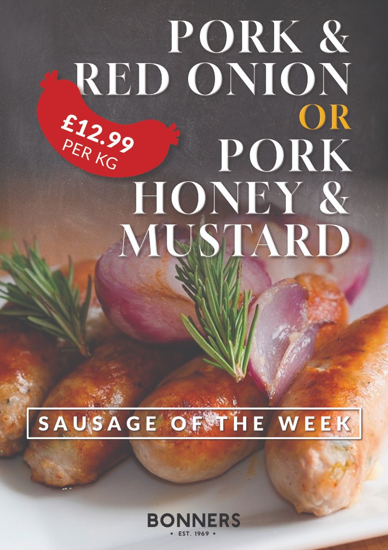 Your tasty SOTW flavour this week.

PORK &amp; CARMELISED RED ONION - £12.99 per kg.
PORK, HONEY &amp; MUSTARD - £12.99 per kg.

#bonnersofilminster #bonnersthebutchers #butchershop #supportlocal #ilminster #shoplocal #sausageoftheweek #sotw