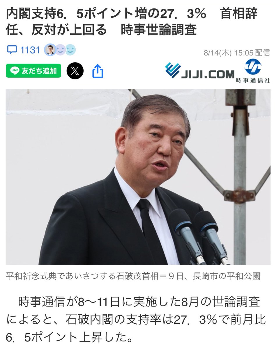 Hansrajbajad's tweet image. 左翼メディアの保守派潰しが透けて見える。首相辞任反対が上回るのに、都合よく支持率アップを強調。選挙大敗後の石破叩きを薄めるための操作感ハンパない。こんな偏向報道で国民を騙せると思うな！ 

内閣支持6．5ポイント増の27．3％　首相辞任、反対が上回る　時事世論調査
news.yahoo.co.jp/articles/99b54