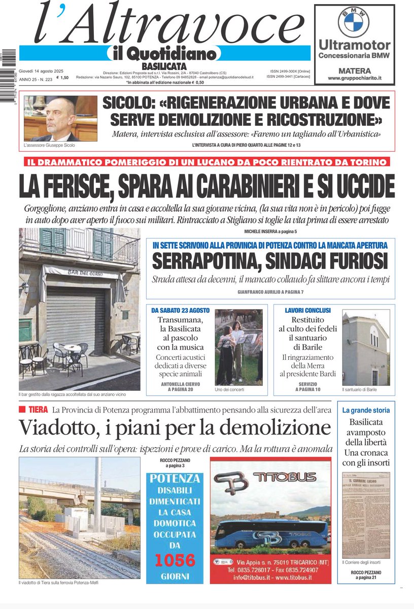 La prima di oggi
📝 Il caso di Gorgoglione (Mt): a 80 anni si invaghisce della barista 28enne e la accoltella dopo il rifiuto: la fuga, gli spari ai carabinieri, senza colpirli,  e il suicidio con un un colpo di fucile