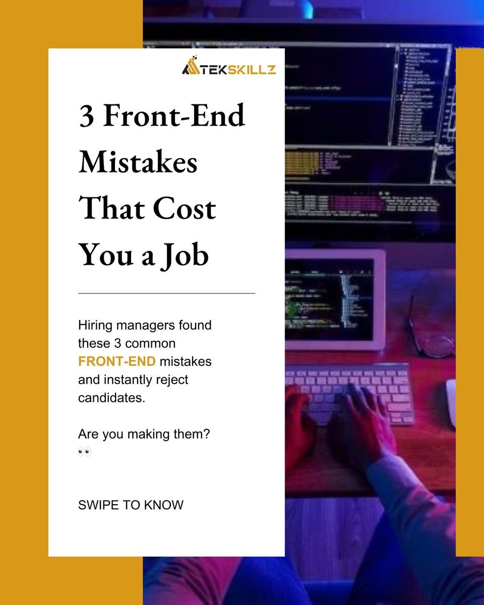 TekskillzTech's tweet photo. 🚫 3 Front-End Mistakes That Cost You a Job
🔖 Save this post so you never forget!
#Tekskillz #tekskillztech #FrontendDevelopment #WebDesignTips #LearnHTMLCSS #JavaScriptForBeginners #FrontendDeveloper #CodingLife #WebDevTips #TechCareers #LearnToCode #UIUXDesign #CodeNewbie https://t.co/4kMgxRvgY3