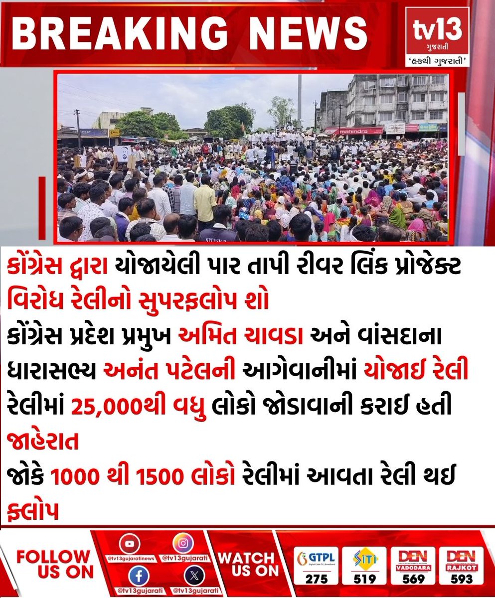 tv13gujarati's tweet photo. ક��ંગ્રેસ દ્વારા યોજાયેલી પાર તાપી રીવર લિંક પ્રોજેક્ટ વિરોધ રેલીનો સુપરફલોપ શો
#Congress #ParTapiRiverLinkProject #rally #tv13gujarati https://t.co/VplQj4LSqF