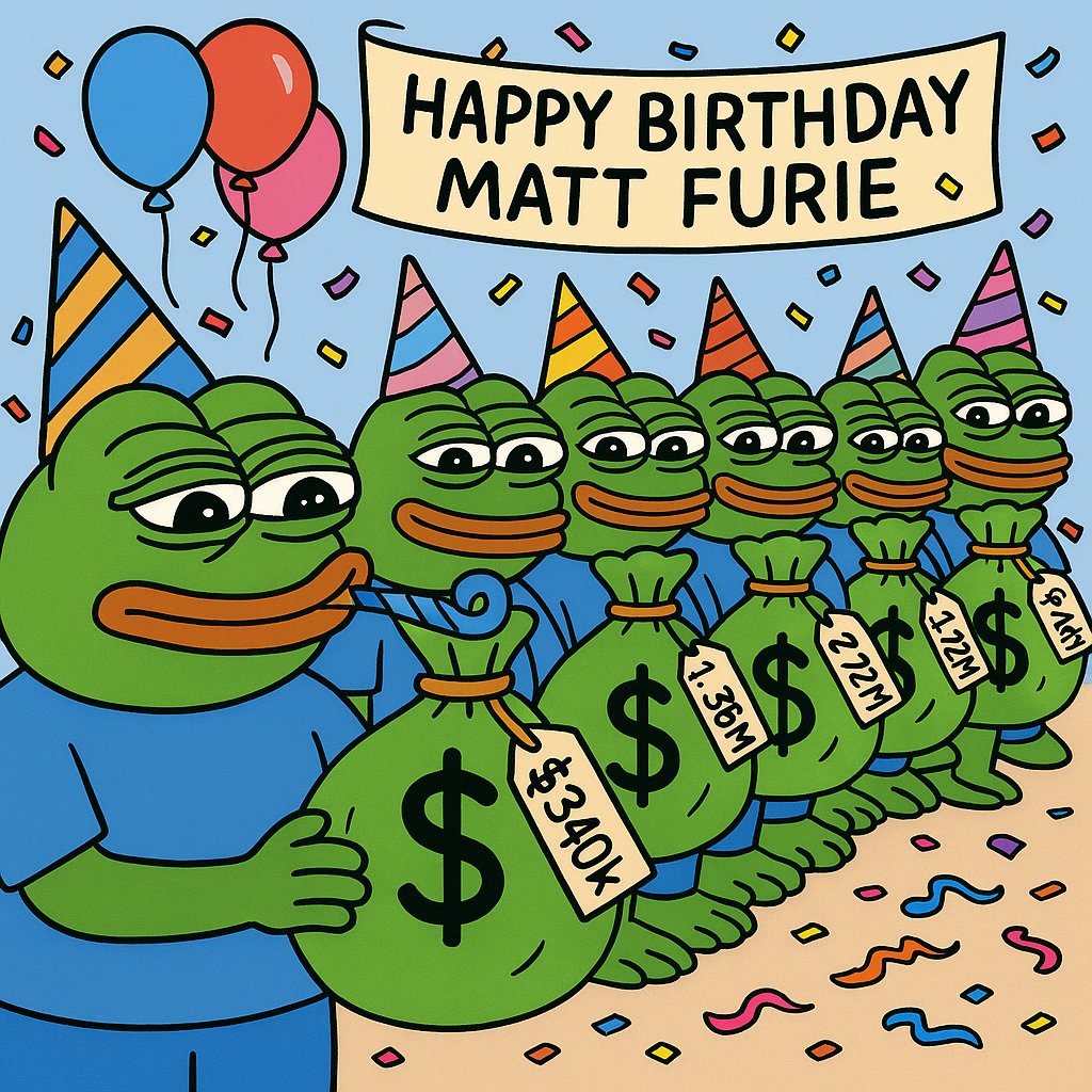 gm $pepe on bags fam

happy birthday <a href="/Matt_Furie/">𝓜𝓪𝓽𝓽 𝓕𝓾𝓻𝓲𝓮</a>. hope you like your gift. $300k today, probably be $1mil tomorrow and then $3mil by next week with potential to continuing forever 

retirement aint a bad 46th bday present is it?

🐸💰